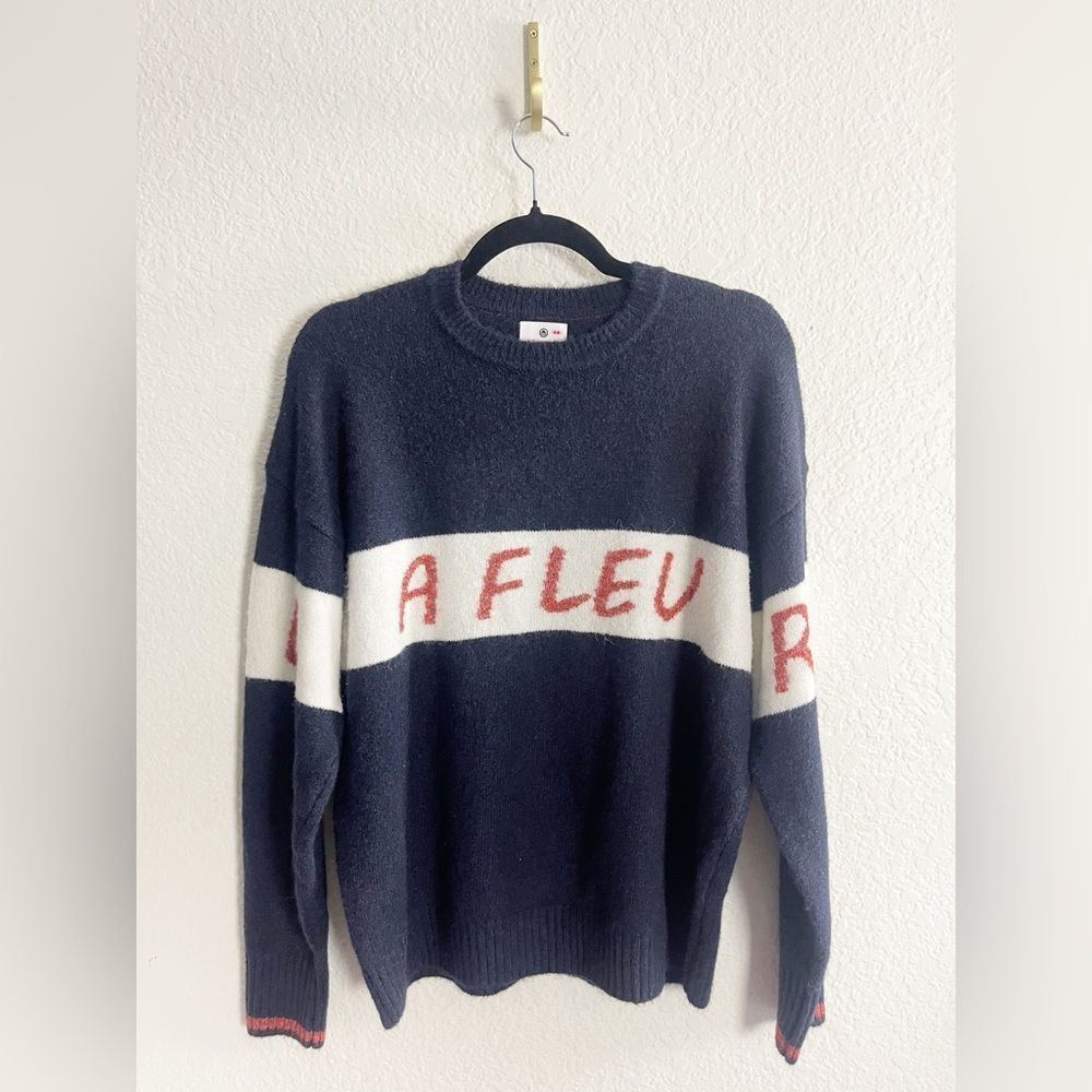 Anthropologie Sundry La Fleur Pullover Sweater Navy and Cream Stripe with Flower - Picture 4 of 8